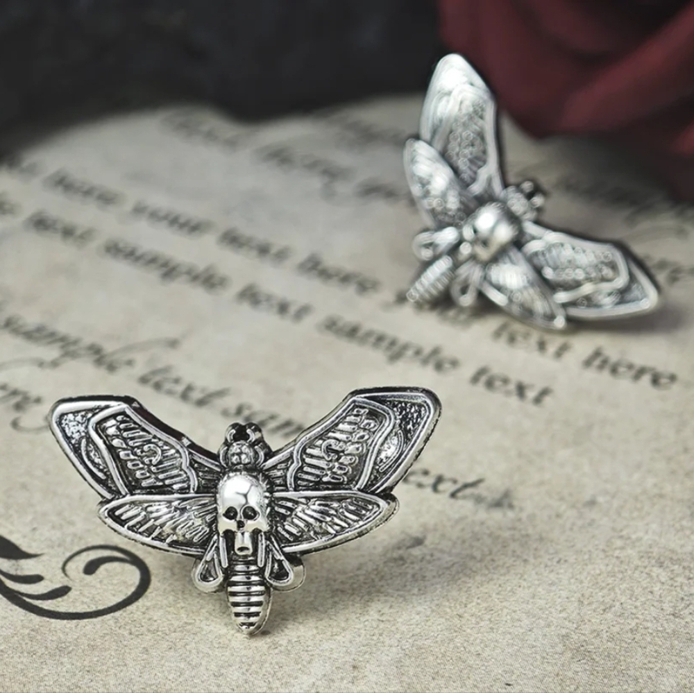 Goth Grunge Punk Silver Death's Head Moth Earrings